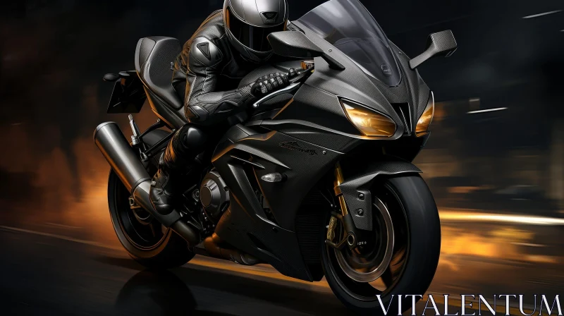 Man Riding Black Sport Motorcycle at Night AI Image