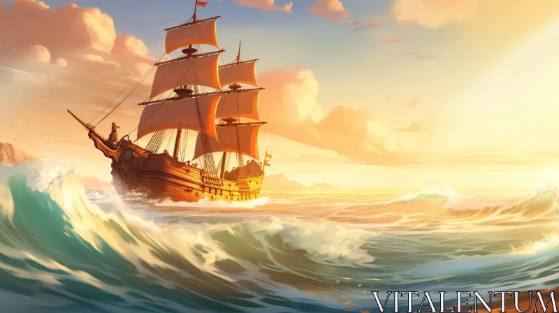 Pirate Ship Sailing on Rough Sea Digital Painting AI Image