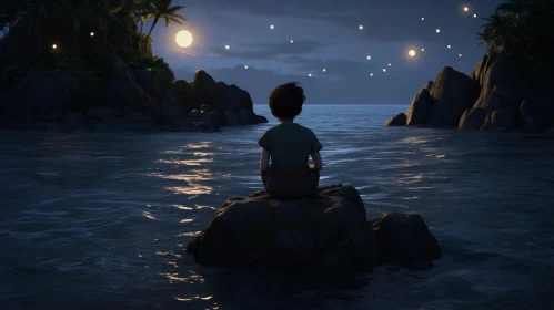 Serene Night Scene with Boy by the Sea