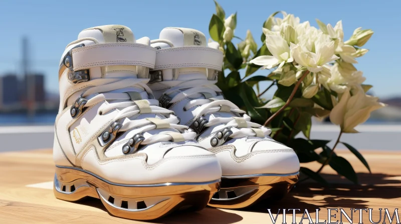 White and Silver Roller Skates with Flowers on Cityscape Background AI Image