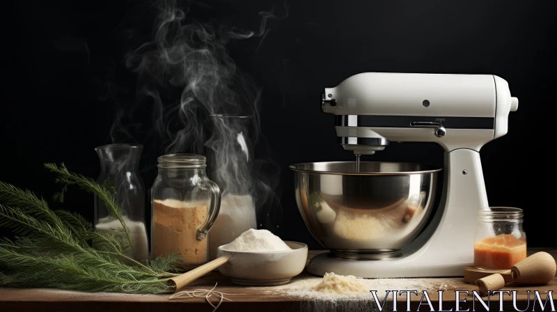 White Kitchen Mixer Mixing Ingredients on Wooden Table AI Image
