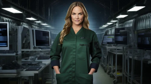 Futuristic Woman in Green Lab Coat with Computers