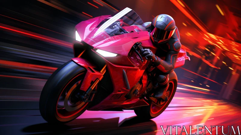 AI ART Man Riding Red Sport Motorcycle in Glowing Tunnel