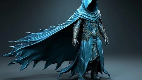 Mysterious Knight in Blue Cloak with Sword