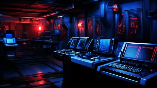 Sci-Fi Spaceship Control Room with Computer Consoles