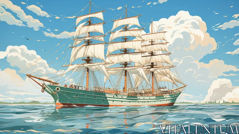 AI ART Tall Ship Sailing on Rough Sea - Digital Painting