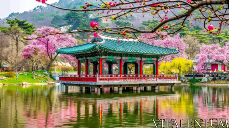 Tranquil Korean Pavilion and Cherry Blossom Landscape AI Image
