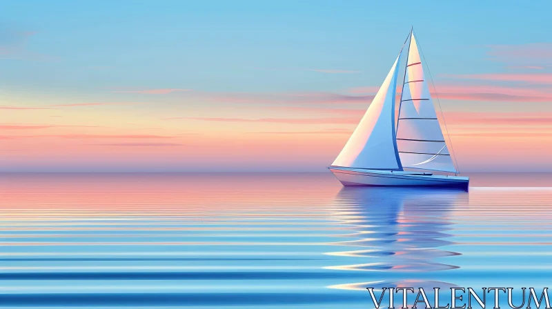 AI ART Tranquil Seascape with Sailboat at Sunset