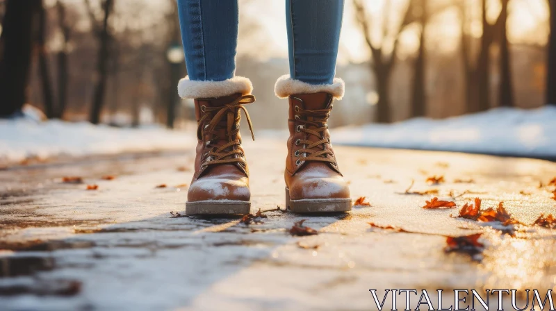 Winter Scene: Person in Brown Leather Boots on Snowy Sidewalk AI Image