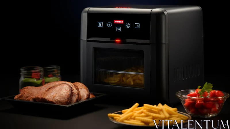 AI ART Black Air Fryer with French Fries and Cherry Tomatoes