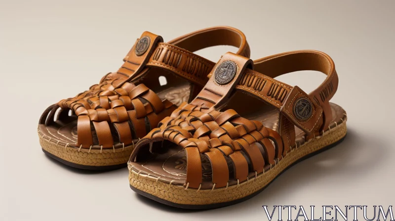 Brown Leather Sandals with Woven Pattern on Cork Sole AI Image
