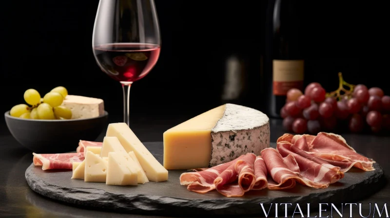 AI ART Delicious Cheese and Meat Platter with Wine