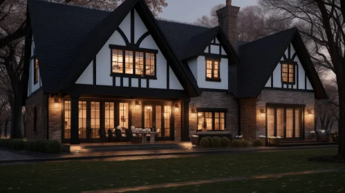 Enchanting Night View of Tudor Style House with Illuminated Lawn