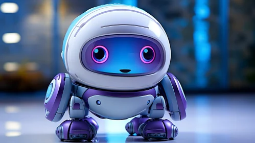Friendly Purple-Eyed Robot in Futuristic City