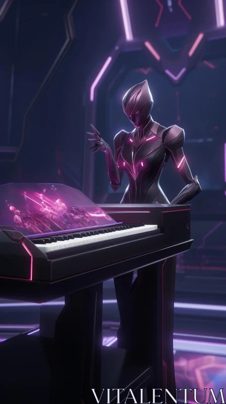Futuristic Female Character Playing Glass Piano AI Image