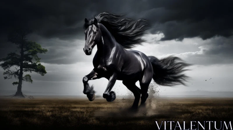AI ART Majestic Black Horse Galloping in Field