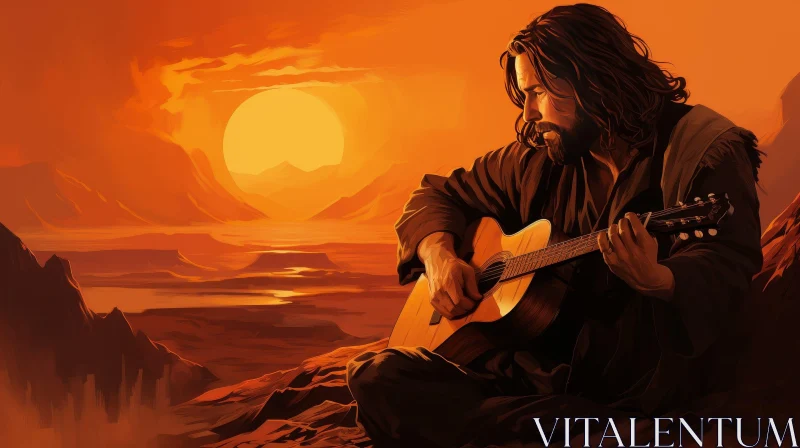 Man Playing Guitar in Desert Sunset Painting AI Image