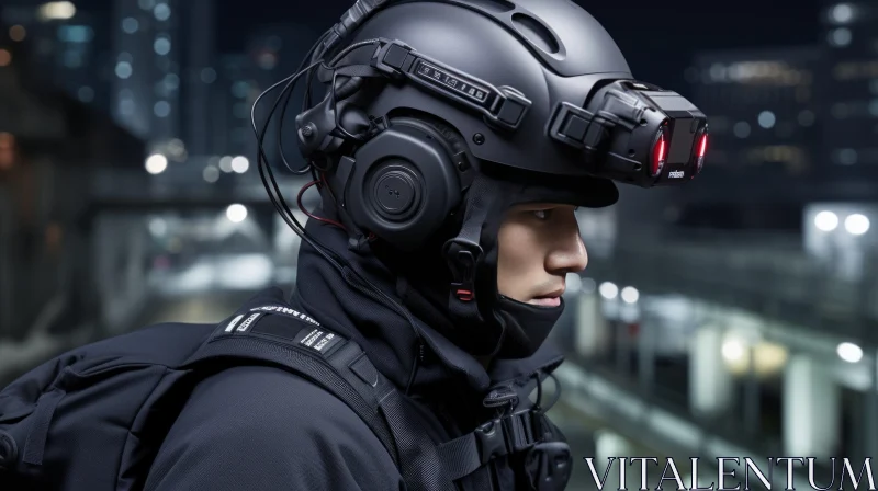 Man with Black Helmet in Dark Room and City Skyline AI Image