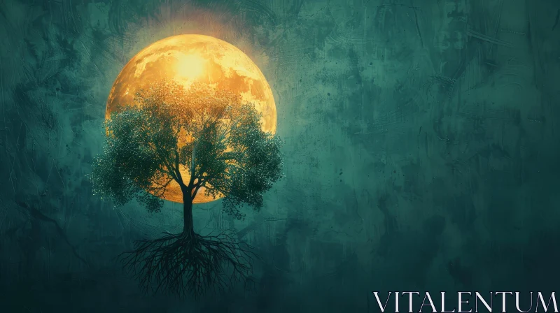 Moonlit Tree Digital Painting - Nature Art AI Image