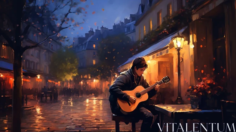 Night Street Scene Painting with Guitar Player AI Image