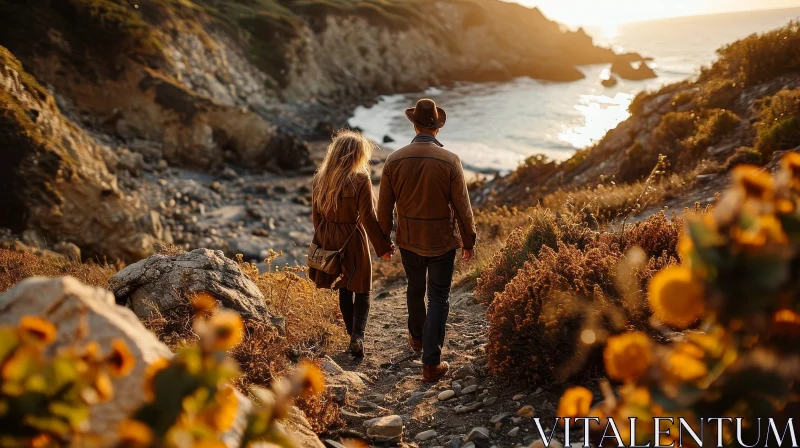 Romantic Coastal Sunset Walk - Peaceful Landscape AI Image