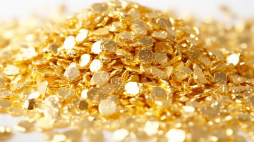 Shiny Gold Flakes Close-Up on White Background