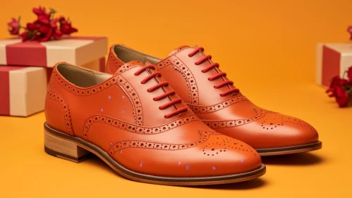 Stylish Orange Leather Shoes with Red Laces and Gift Boxes