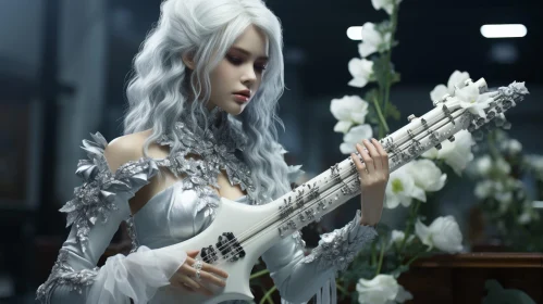 White-haired Woman Playing Guitar in Field of Flowers