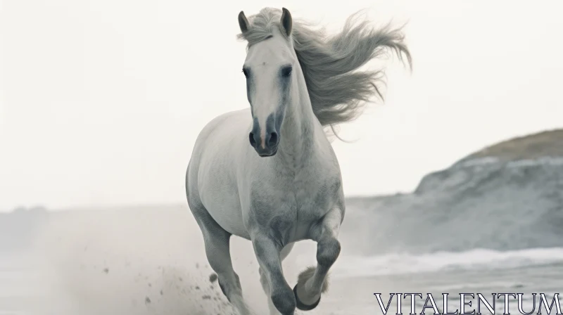 White Horse Running on Beach - Grace and Strength Captured AI Image
