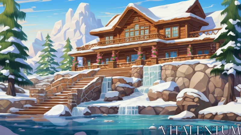 Winter Wonderland: Cozy Cabin Amidst Snowy Mountains and Frozen Lake AI Image