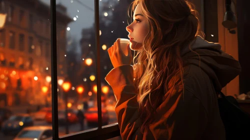 Young Woman by Window with Coffee - City Lights Reflection
