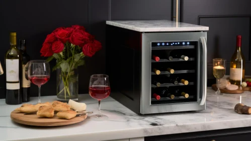 Elegant Wine Cooler with Red Wine, Cheese, and Roses