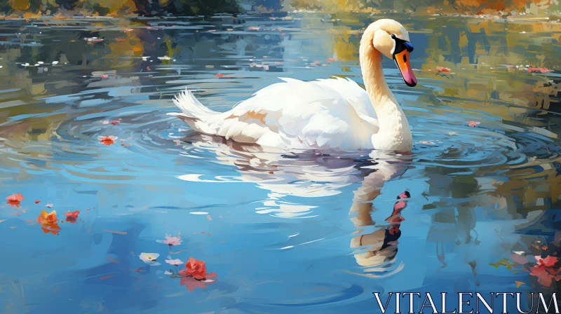 Graceful Swan Painting in a Serene Lake Setting AI Image