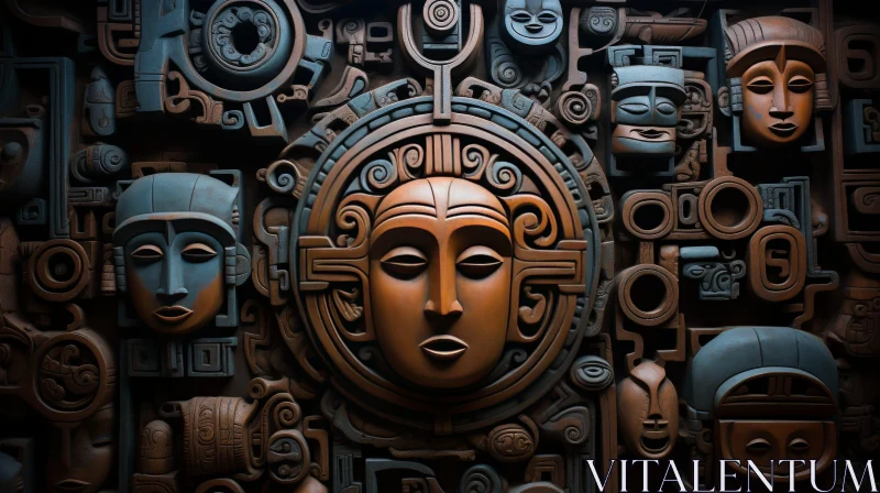 Maya Civilization Stone Carving: Symmetrical Geometric Artwork AI Image