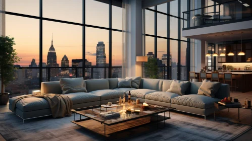 Modern Living Room with City Skyline View at Sunset