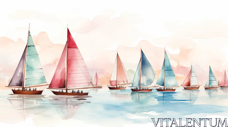 Sailboat Race Watercolor Painting AI Image