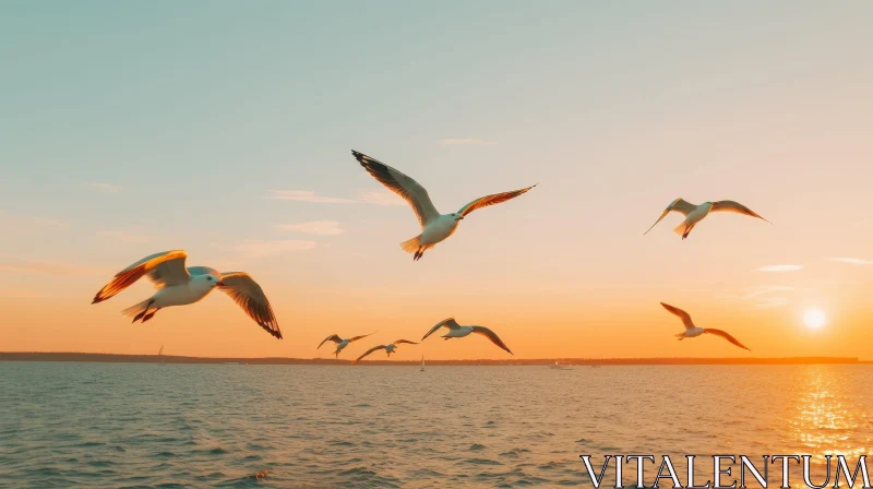 Seagulls Flying Over Calm Sea at Sunset AI Image