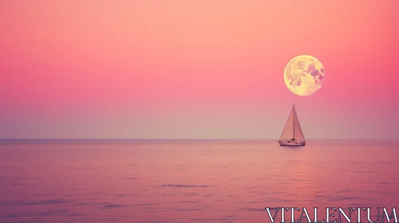 Tranquil Sunset Seascape with Sailboat and Moon AI Image