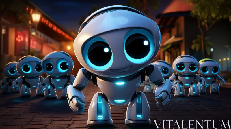 Adorable Cartoon Robots in City Street - 3D Rendering AI Image