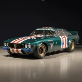 Captivating Green Race Car Artwork in Dimly Lit Room - American Iconography