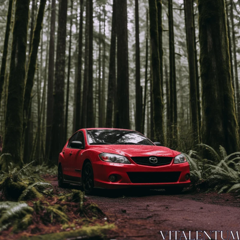 Captivating Red Car Parked in Serene Forest - Nature and Performance AI Image