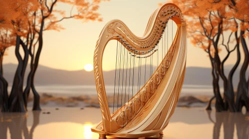 Enchanting Gold Harp in Forest Sunset