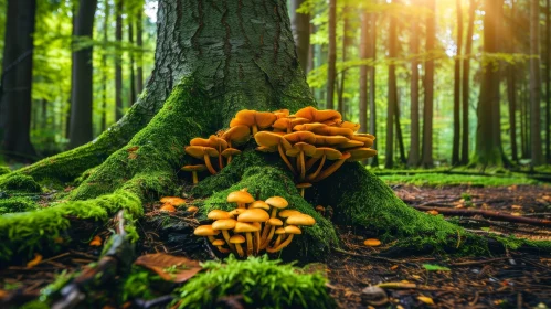 Enchanting Mushroom Circle Under Sunlight