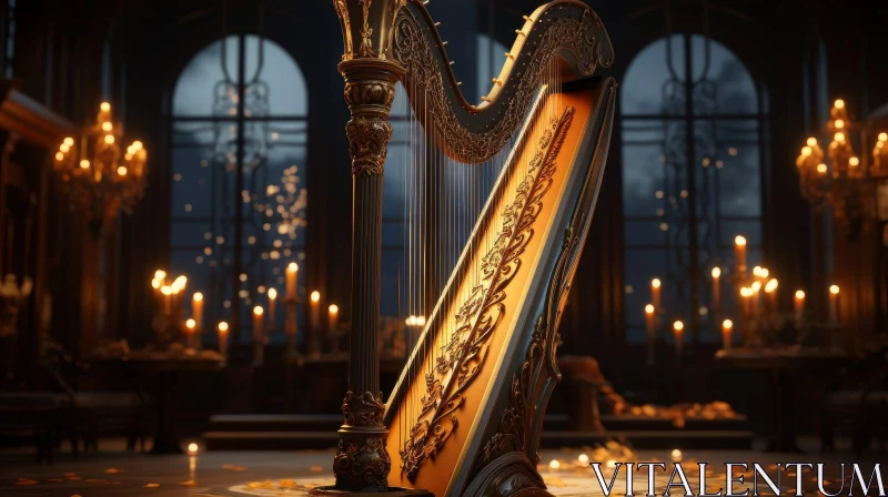 AI ART Golden Harp 3D Rendering in Grand Hall