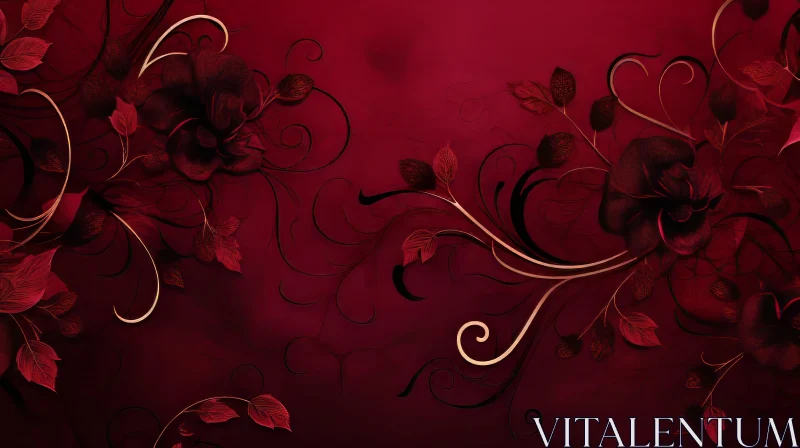 Luxurious Black Flowers and Gold Leaves Pattern on Dark Red Background AI Image