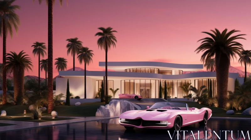 Modern House with Pink Car 3D Rendering AI Image