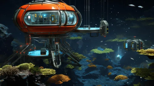 Orange Submarine Underwater Scene 3D Rendering