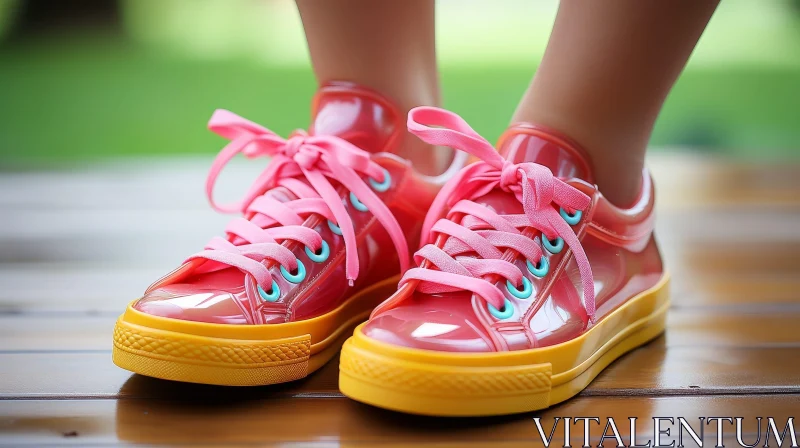 Pink and Yellow Sneakers on Wooden Surface AI Image