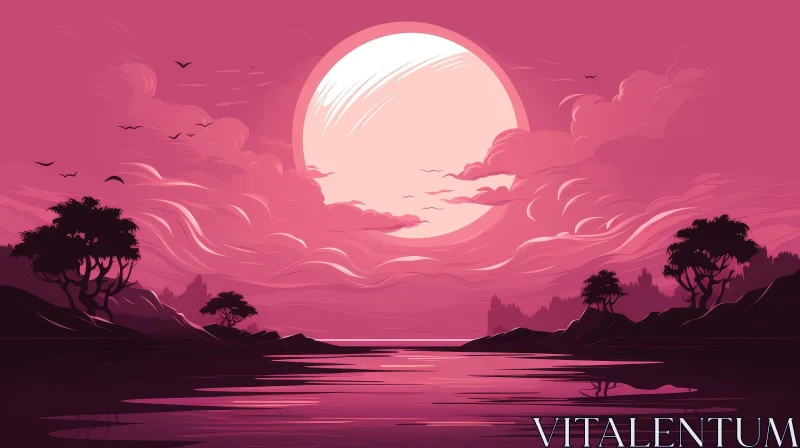 Pink Moonrise Landscape Over Calm Lake AI Image