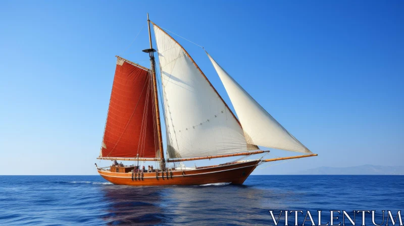 Serene Wooden Sailboat Sailing on Calm Blue Sea AI Image